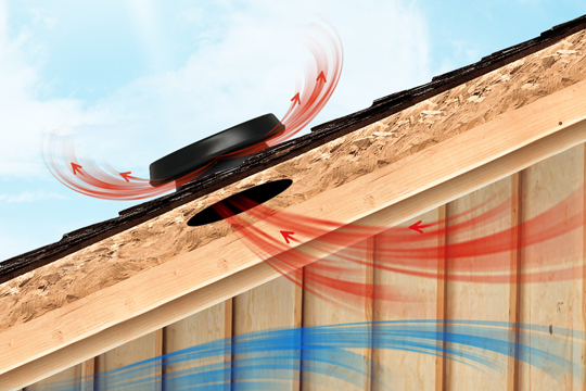 Illustration of Solar Attic Fan pulling heat from home.